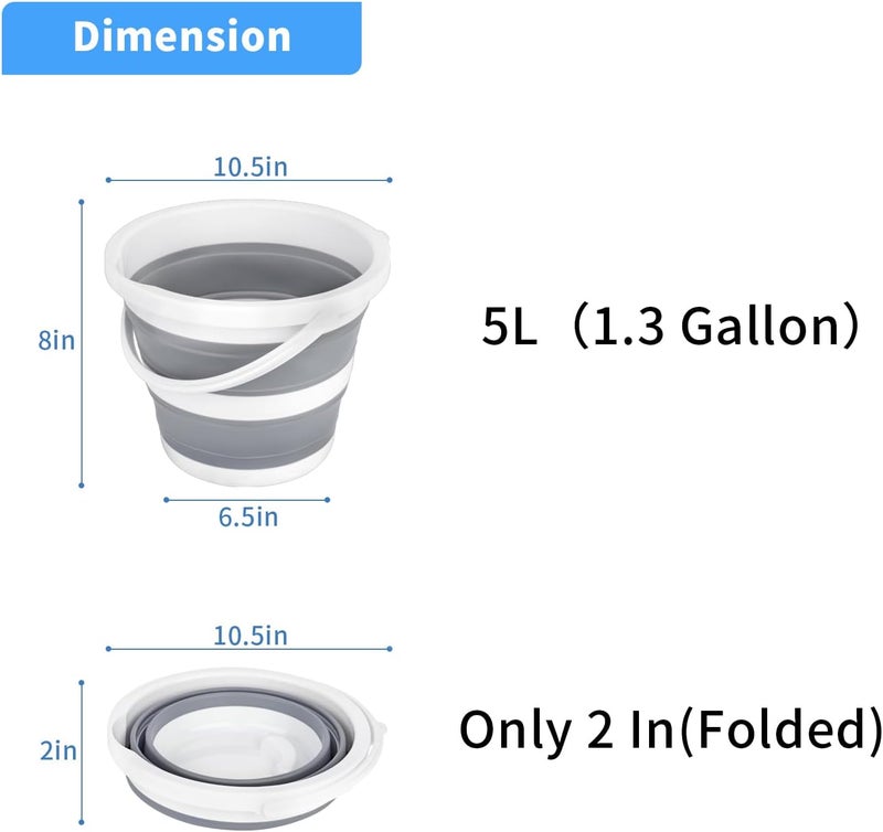 Craftend دلو قابل للطي سعة 5 لتر 1.3 جالون دلو تنظيف صغير دلو ممسحة للاستخدام المنزلي في الهواء الطلق غسيل السيارات حوض بلاستيكي قابل للطي محمول للتخييم الشاطئ وعاء ماء رمل دلو موفر للمساحة دائري - Image 2